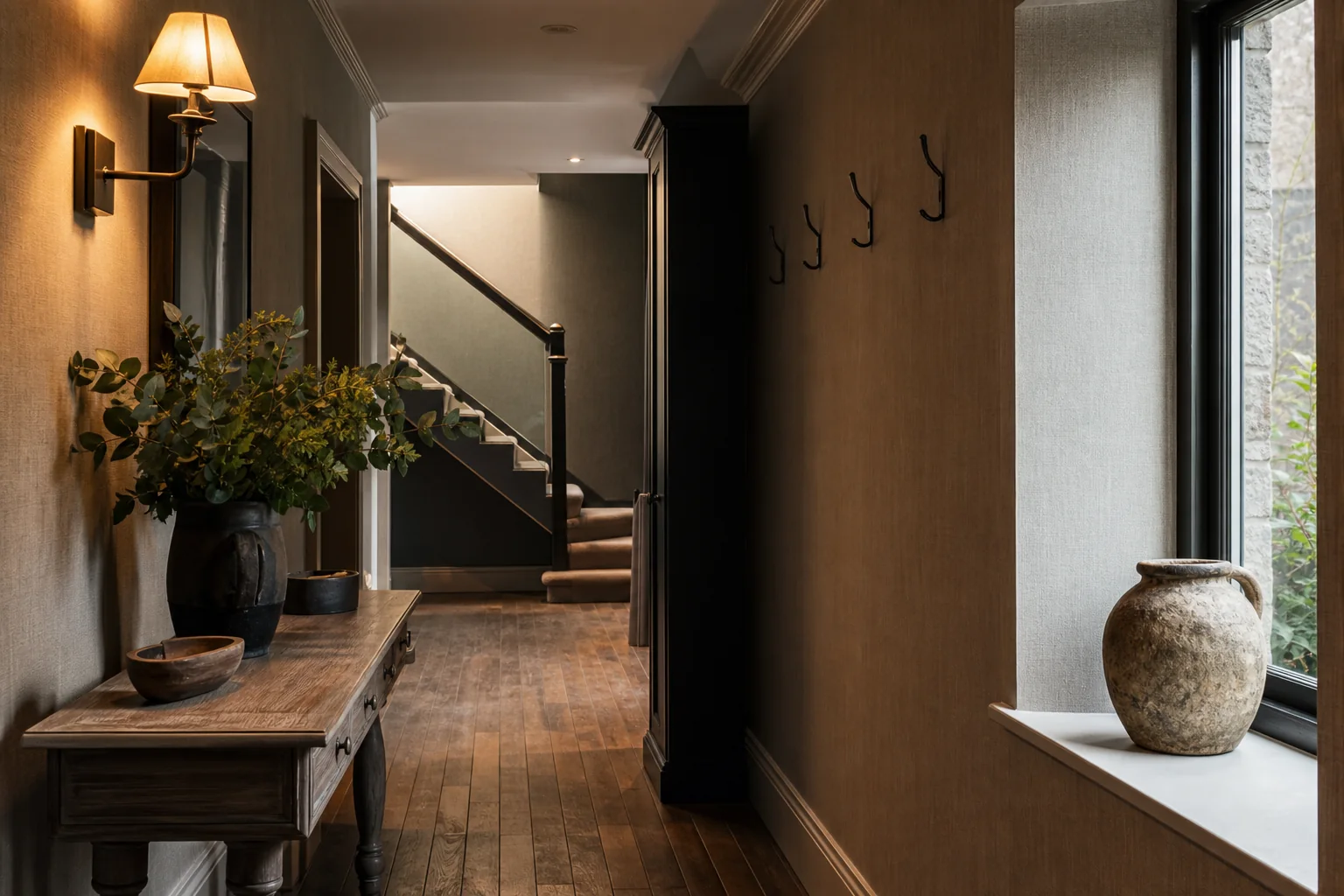 Hallway scene showing light falloff and a focused room comfort example