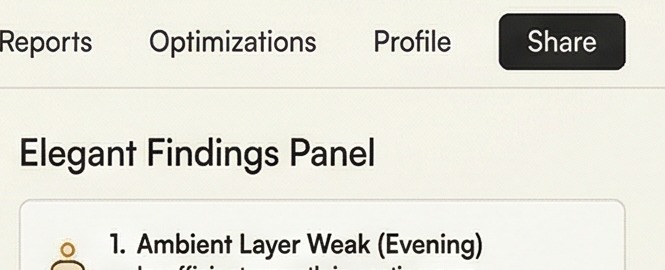 Rightlight6 findings panel showing practical room fixes