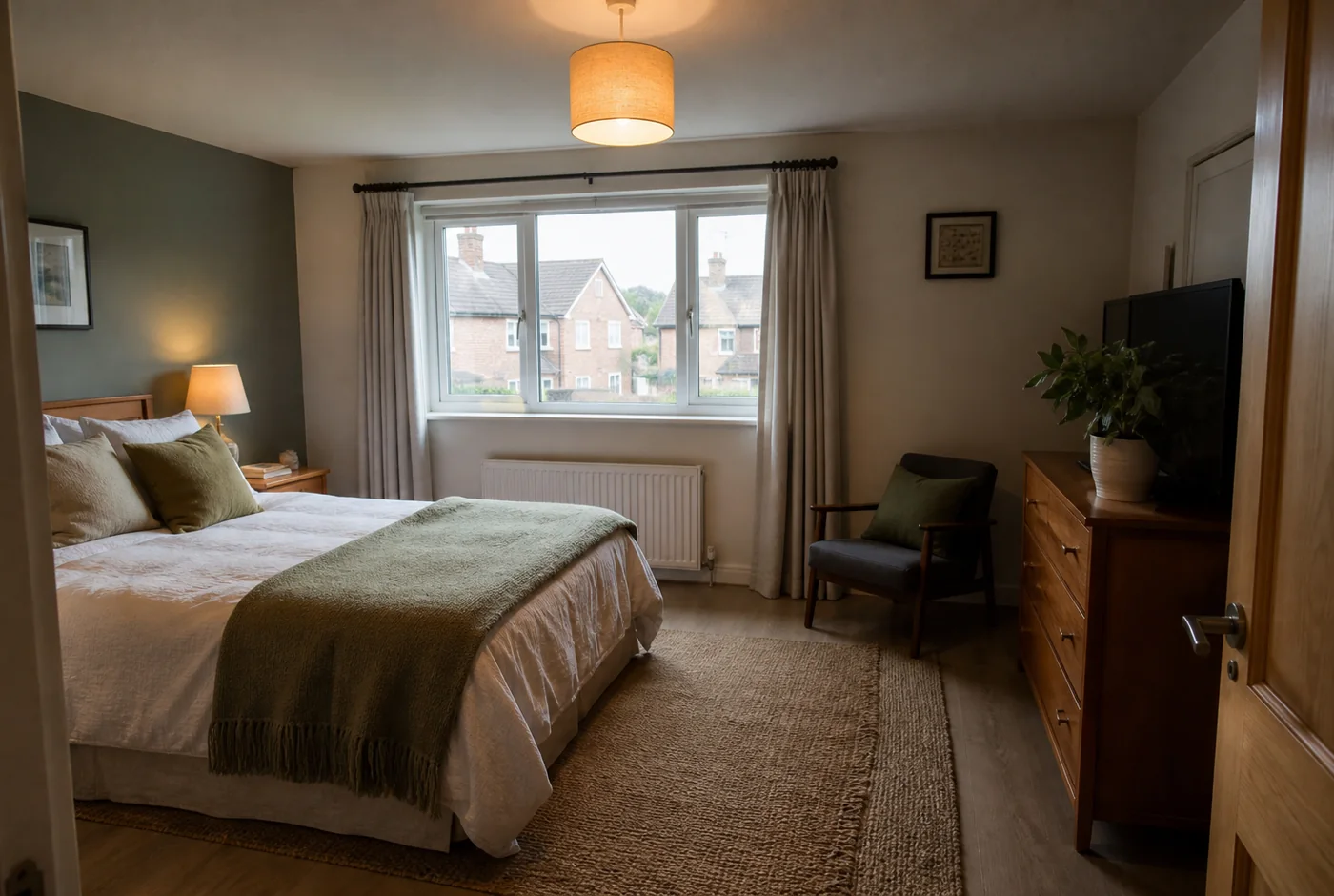 Warm layered bedroom scene used for bedroom comfort mode