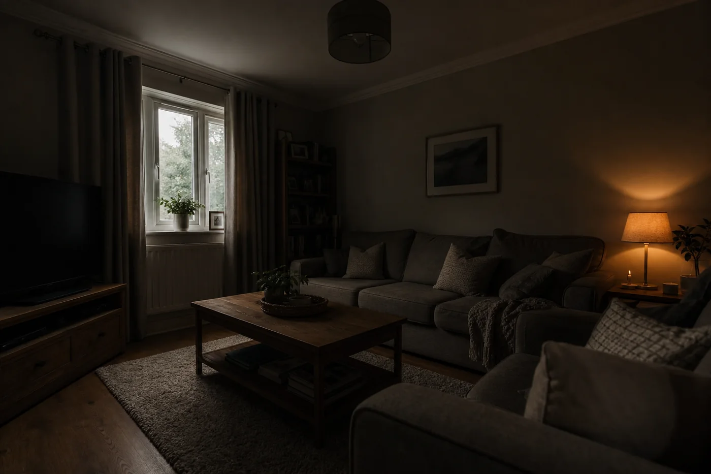Dark UK living room with weak daylight and one warm lamp used for dark room mode