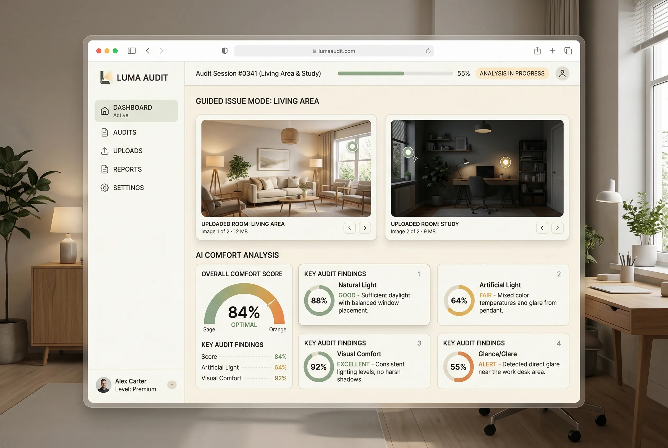 Rightlight6 product interface mockup for the room audit tool