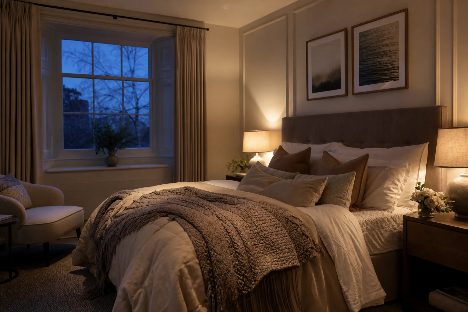 Warm bedside table and material samples used for the bedroom audit preview