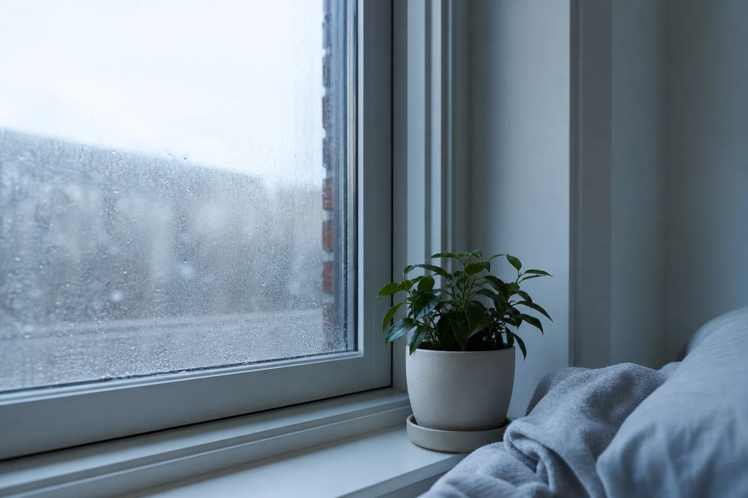 Subtle window condensation scene used for the damp comfort audit preview