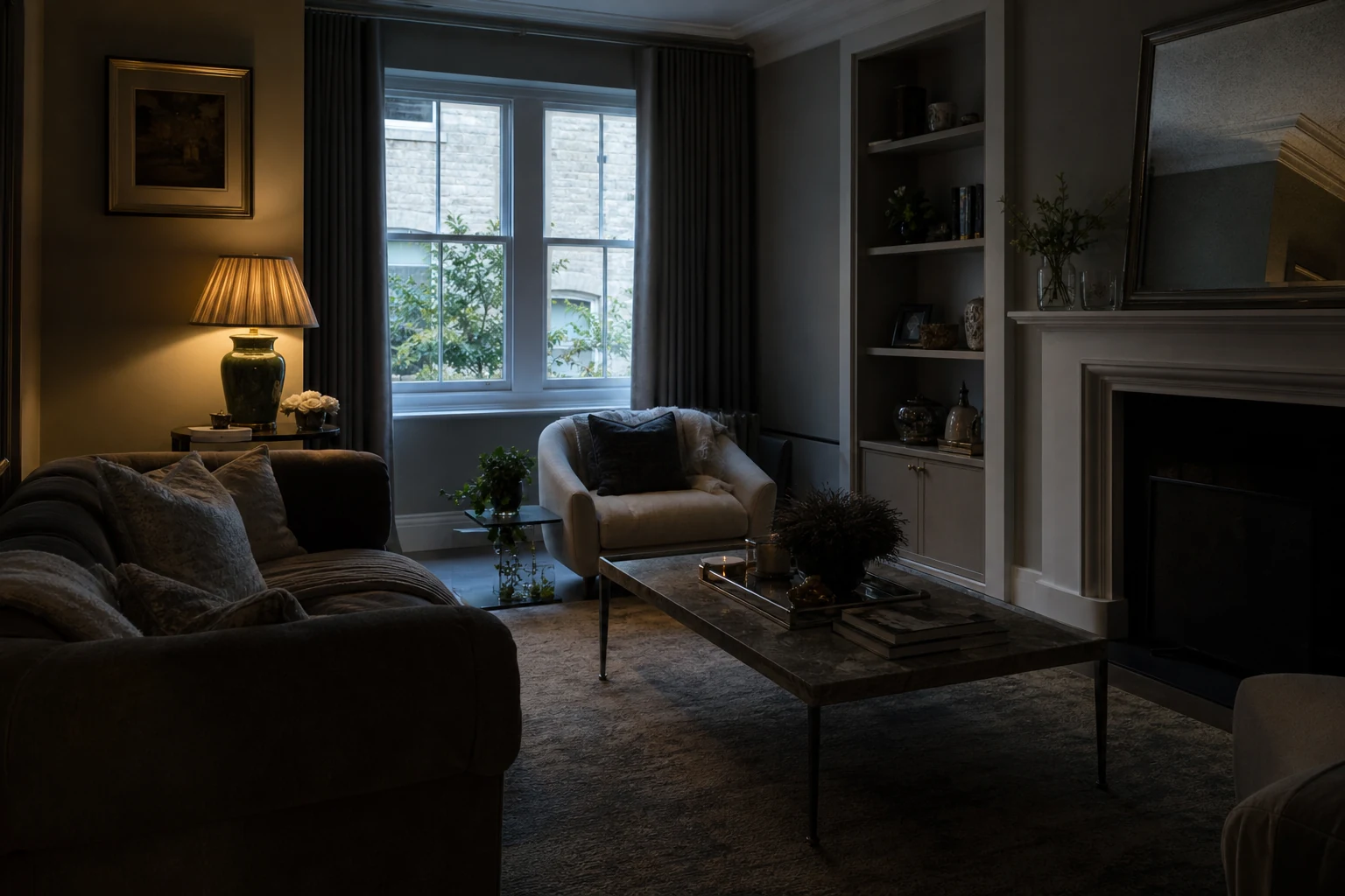 Blank room photo prints and warm lamp used for the dark room audit preview